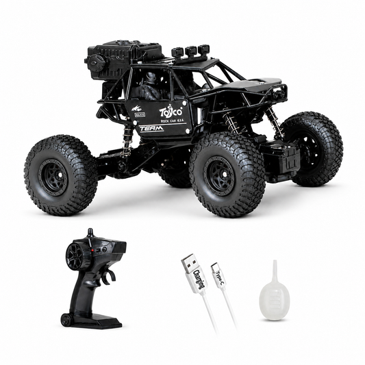 Rock Crawler RC Car front view with remote and accessories