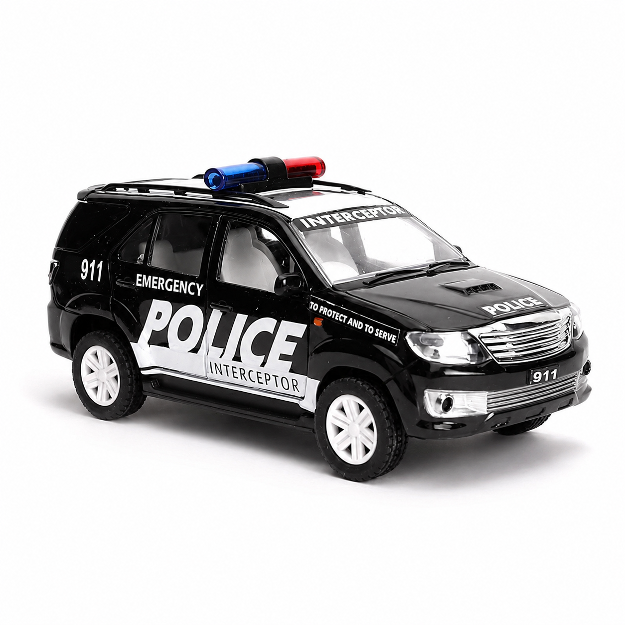 Delulu Kids Plastic Police Interceptor Fortune Pull Back Car full set view