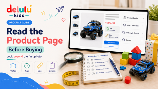 Delulu Kids blog banner for how to read a toy product page before buying