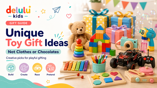 Delulu Kids blog banner for unique toy gift ideas that are not clothes or chocolates