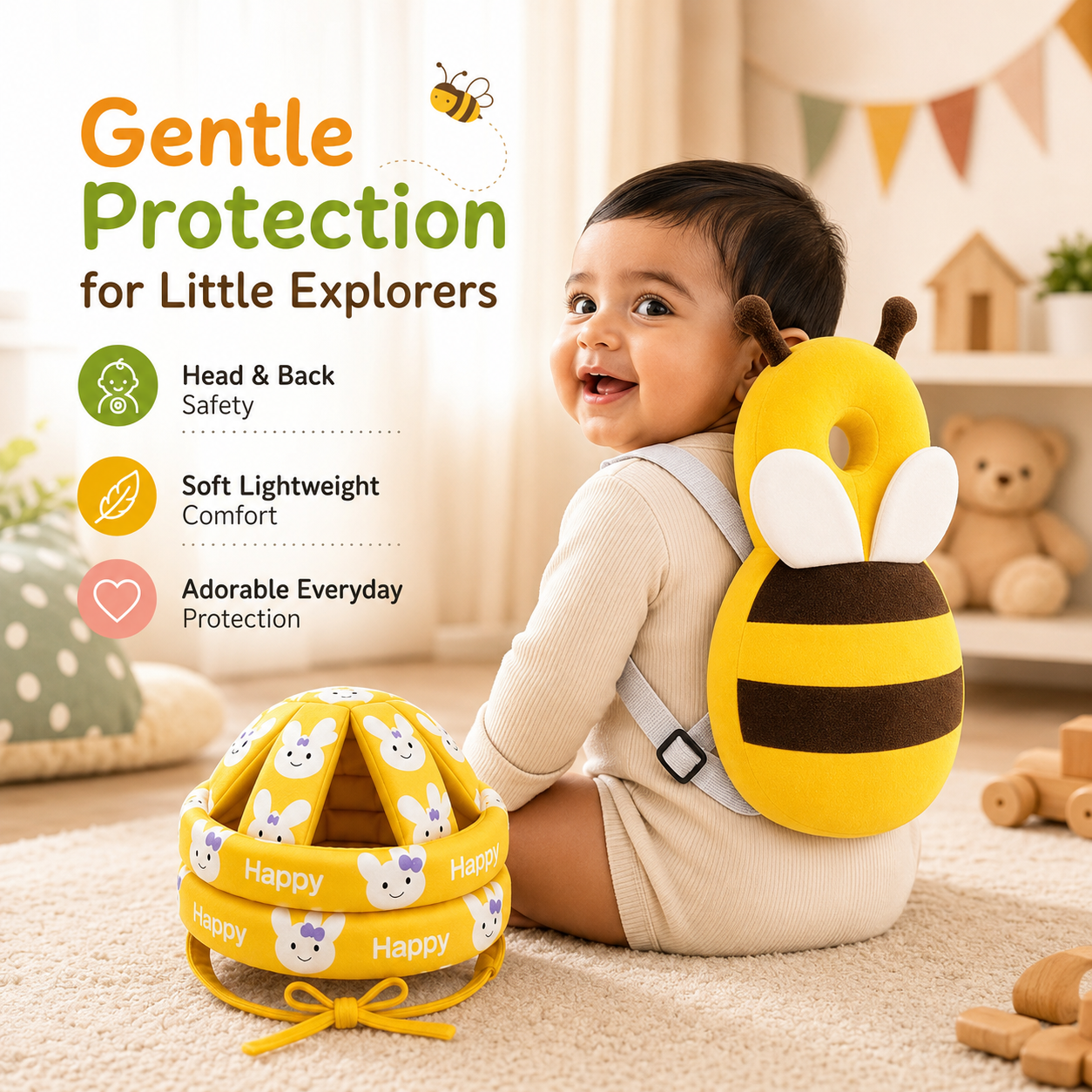Delulu Kids Baby Safety Helmet & Back Protector for Infants (Honey Bee) – Soft Head Protection Cushion (6–24 Months) product image 3