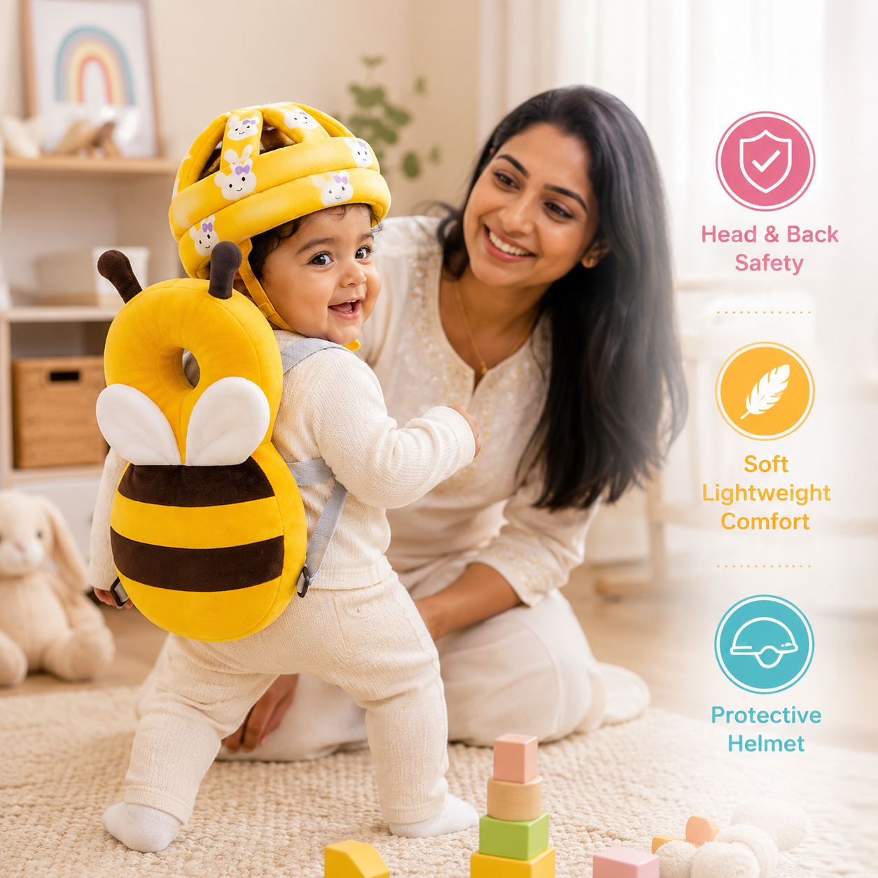 Delulu Kids Baby Safety Helmet & Back Protector for Infants (Honey Bee) – Soft Head Protection Cushion (6–24 Months) full set view
