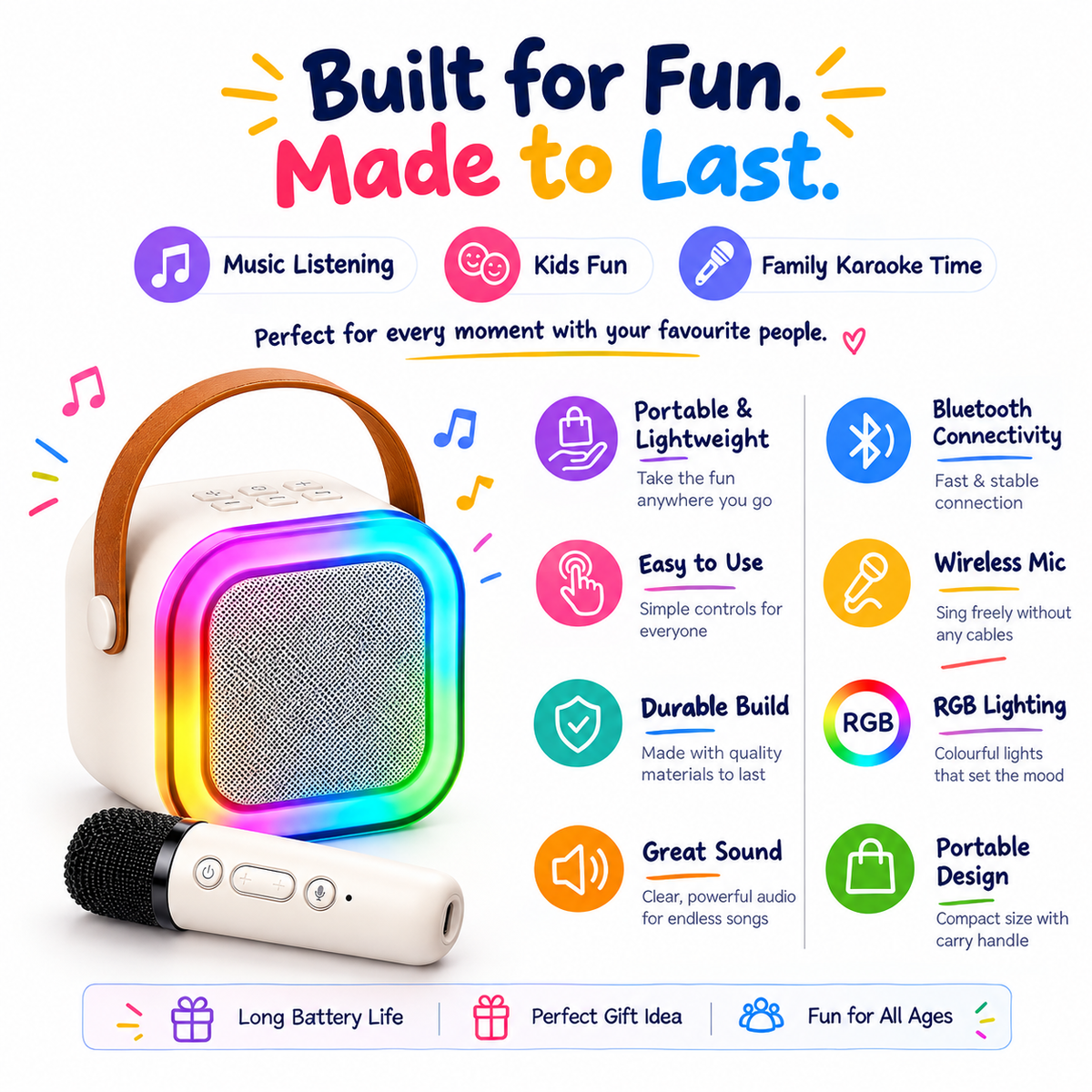 Karaoke Bluetooth Speaker with Wireless Mic | RGB LED Lights | Voice Changer | Portable Party Speaker