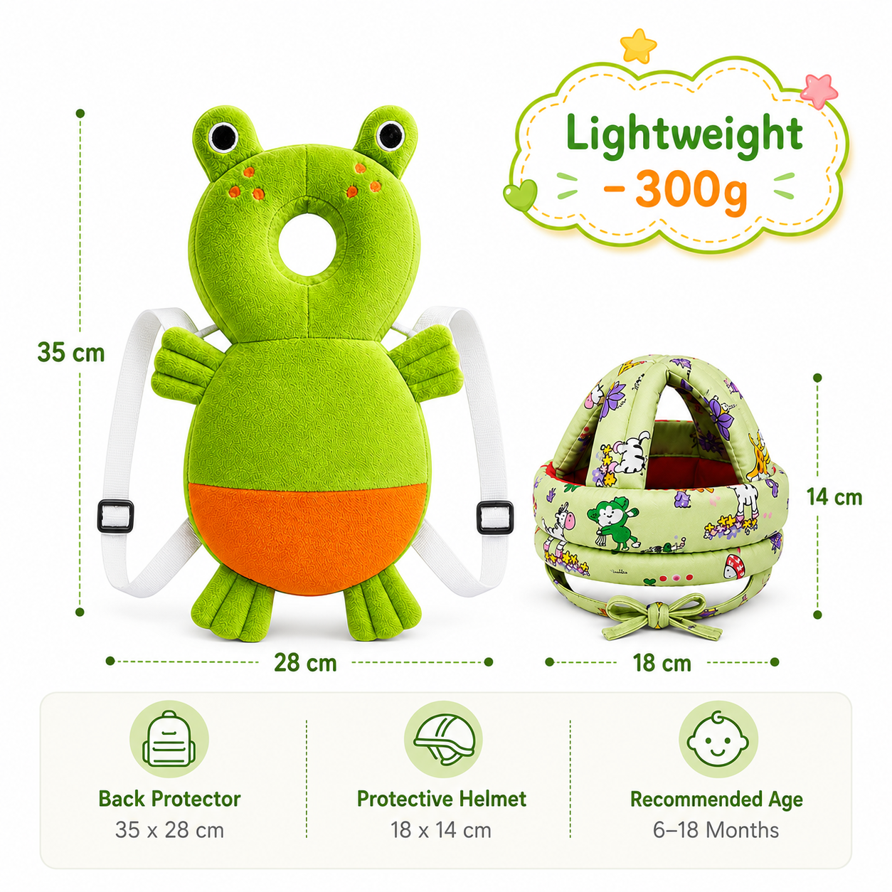 Baby Safety Helmet & Back Protector for Infants (Frog) – Soft Head Protection Cushion (6–24 Months)