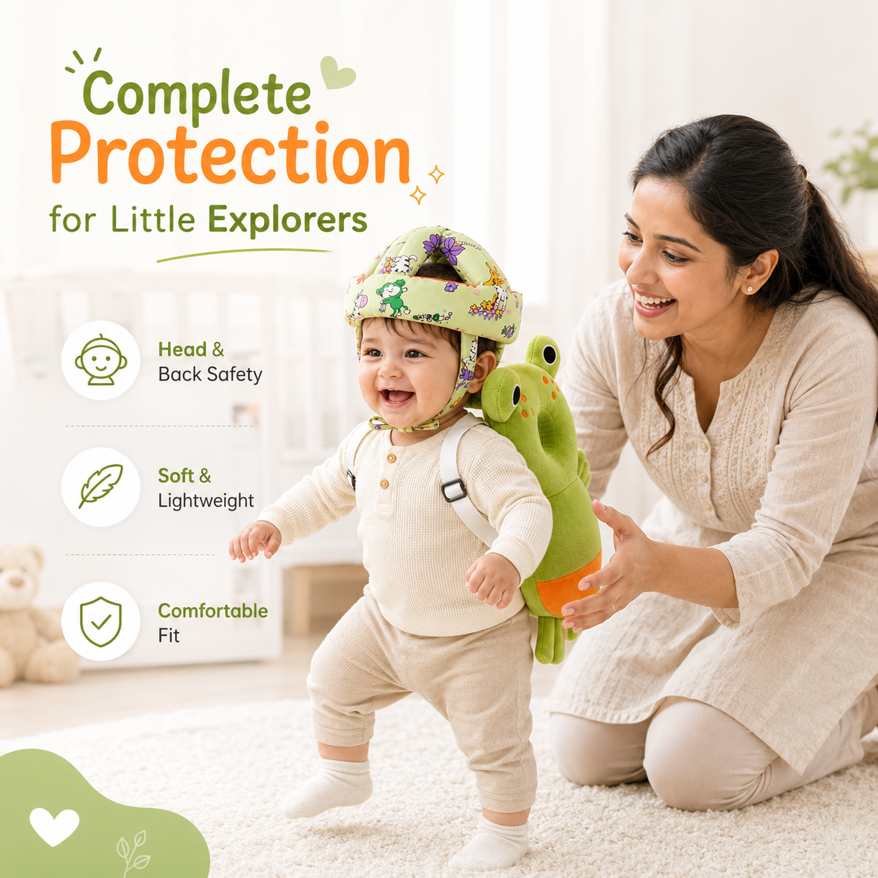 Baby Safety Helmet & Back Protector for Infants (Frog) – Soft Head Protection Cushion (6–24 Months)