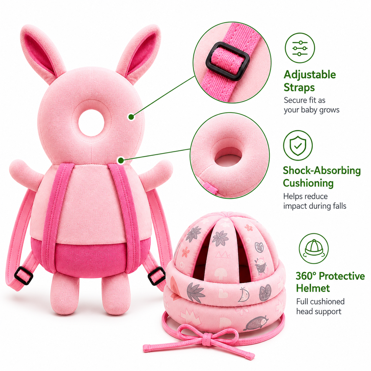 Baby Safety Helmet & Back Protector for Infants (Rabbit) – Soft Head Protection Cushion (6–24 Months)