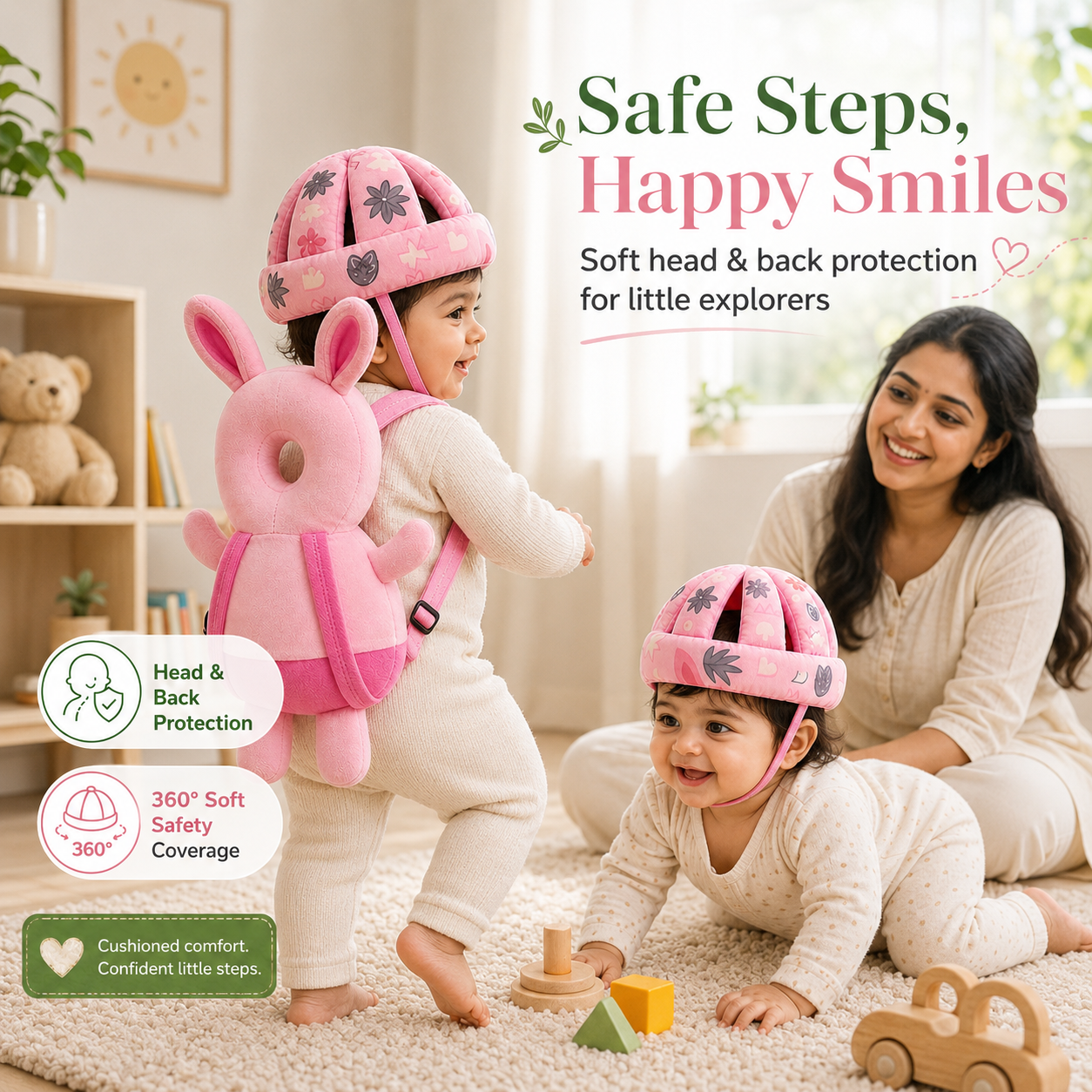 Baby Safety Helmet & Back Protector for Infants (Rabbit) – Soft Head Protection Cushion (6–24 Months)