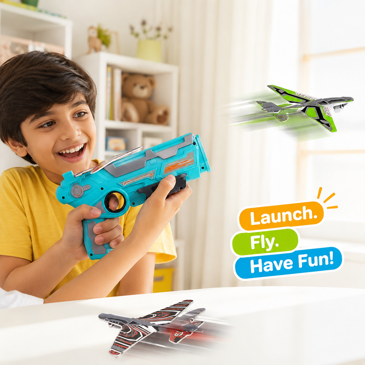 Delulu Kids Airplane Launcher Gun Toy for Kids – Flying Aeroplane Shooter full set view