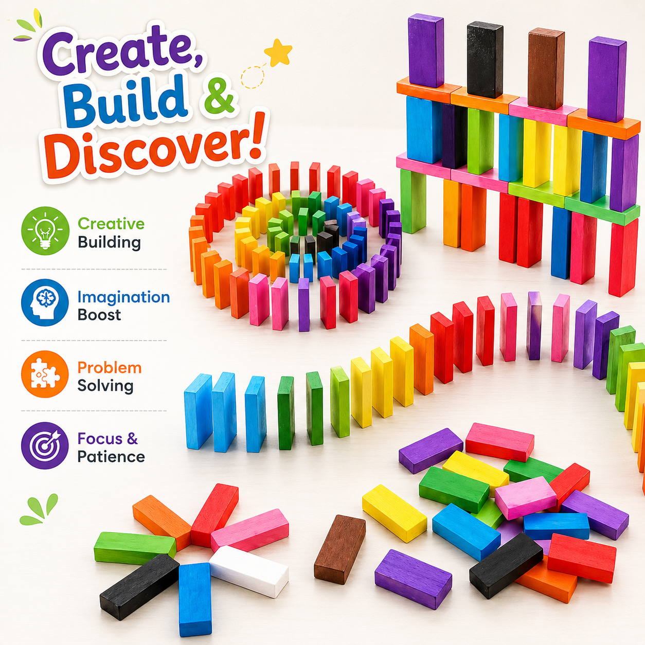 12 colour wooden dominos toy set for children