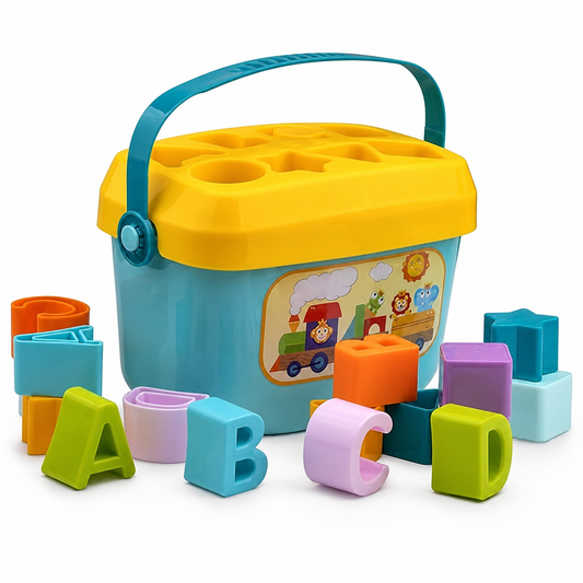 Baby and toddler wooden block set for shape sorting and stacking