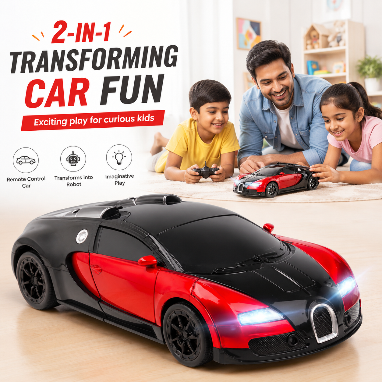 Converting car toy with action play theme