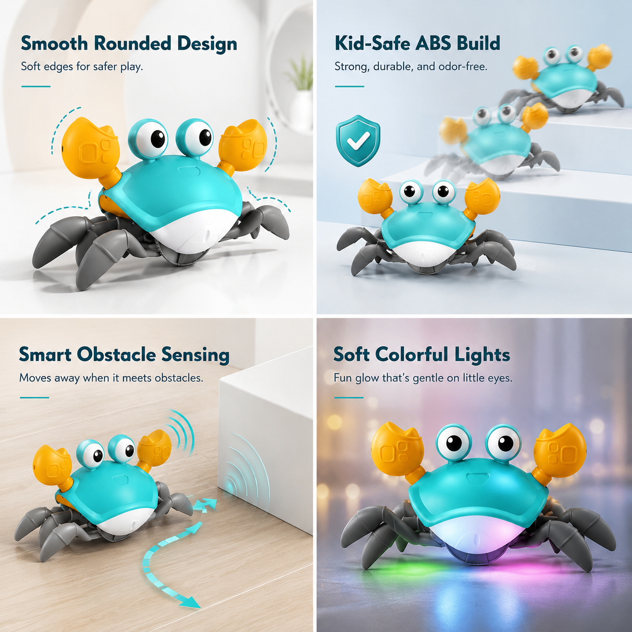 Interactive crab toy for tummy time and crawling play
