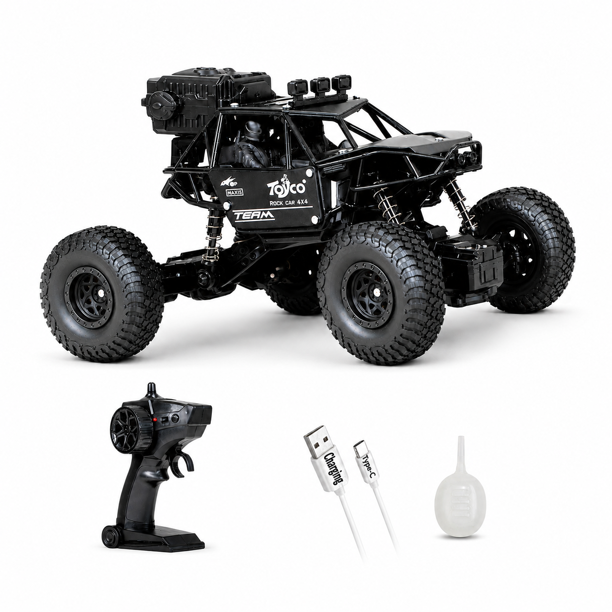 Rock Crawler RC Car front view with remote and accessories