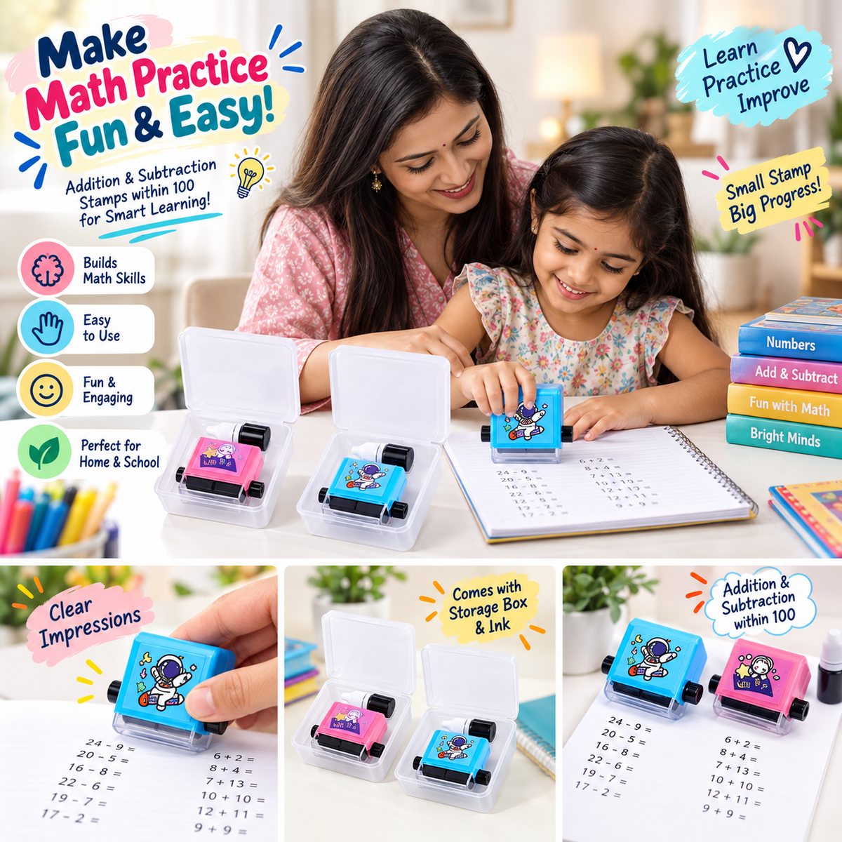 Smart Math Roller Stamp for Kids | Addition Practice Tool | Learning Toy for School & Home